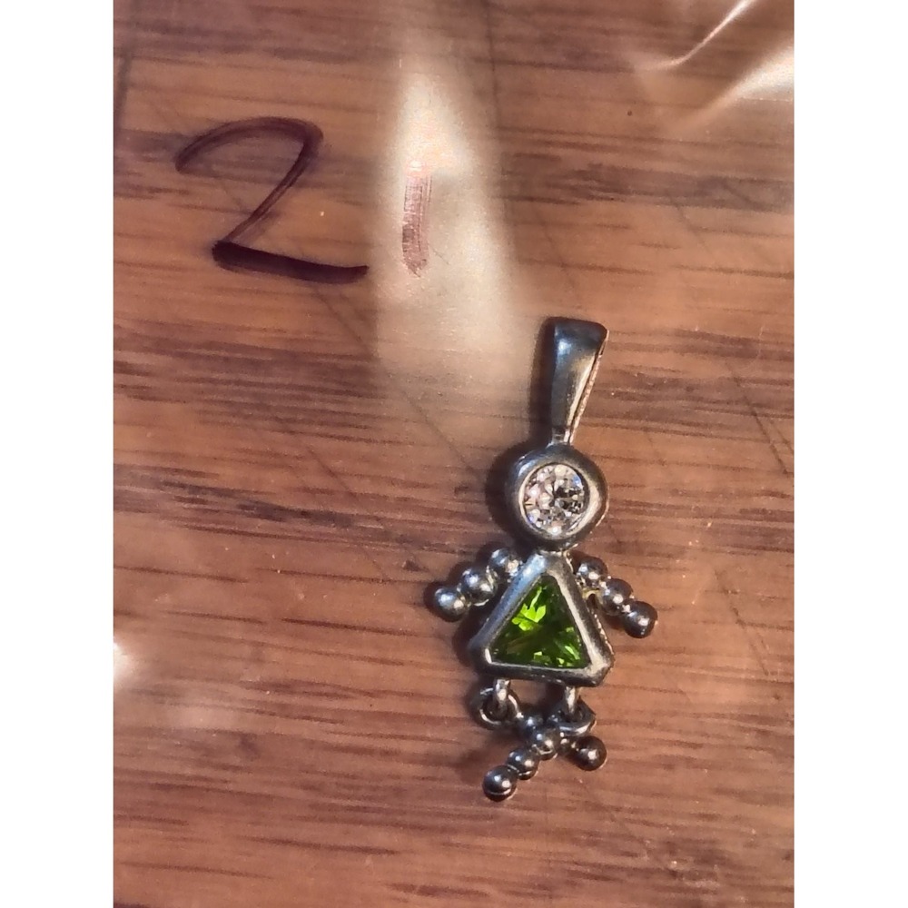 Sterling Silver Little Girl Pendant Charm Articulated Green Trillion Stone 925